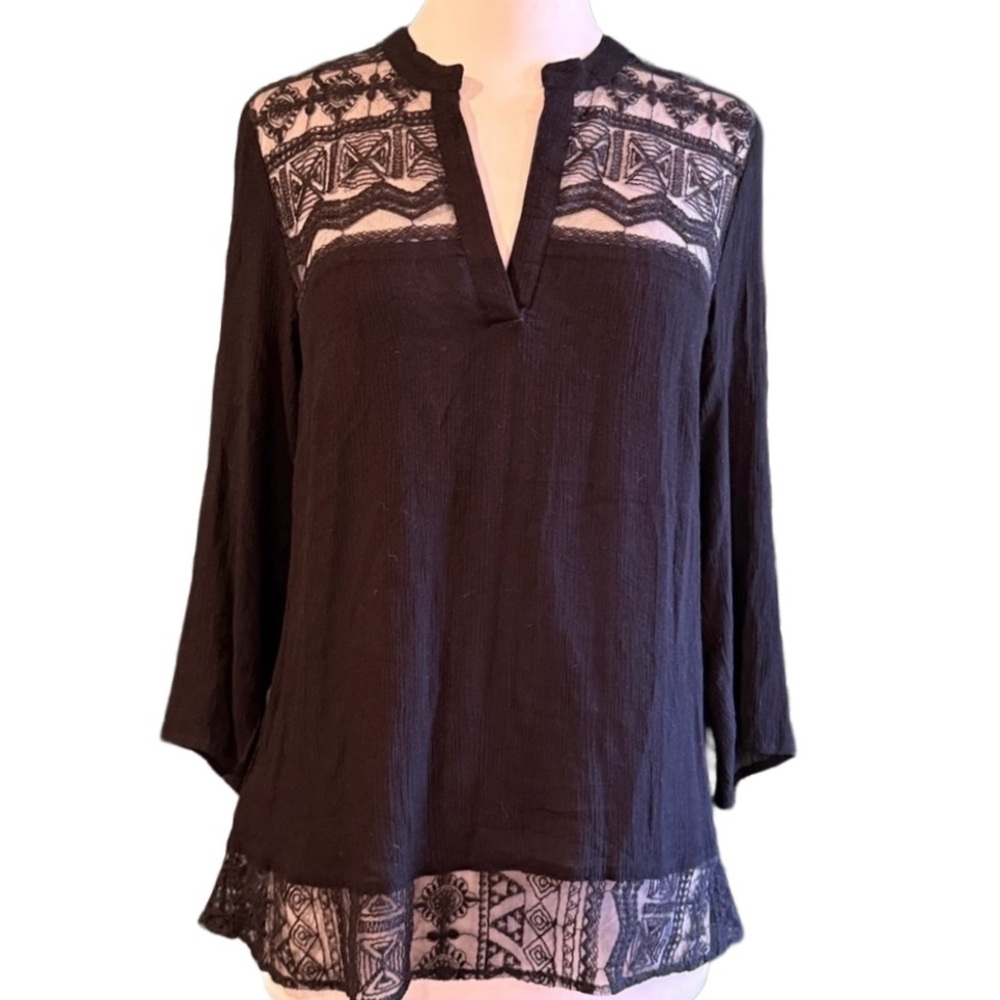 Mango MNG Black Gauze Blouse With Geometric Lace Yoke Suit Collection Sz XS NWT